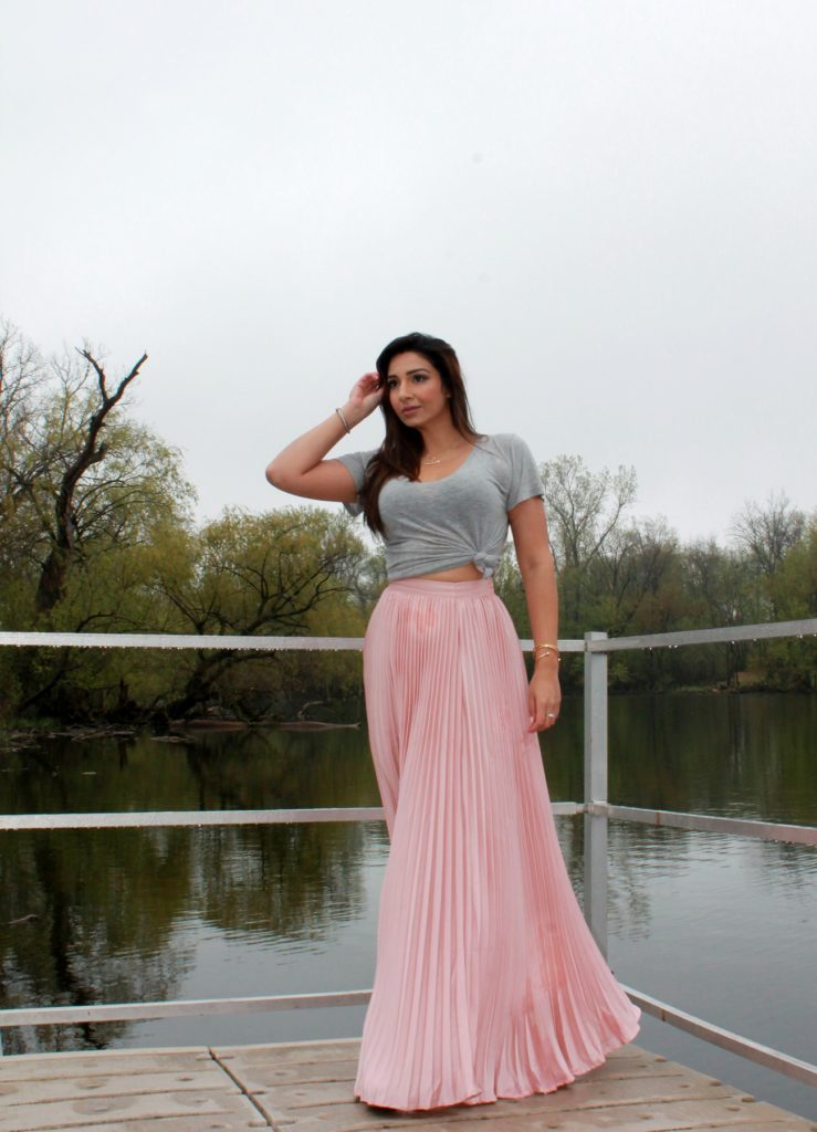 Pink Silk Maxi Skirt with knotted tee