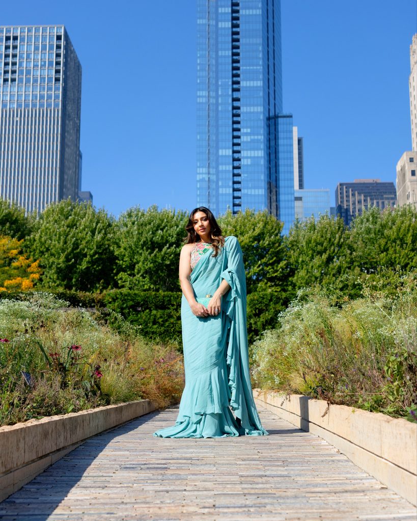 Browngirlstyles wearing Zainab Salman Ruffle Sari in Chicago